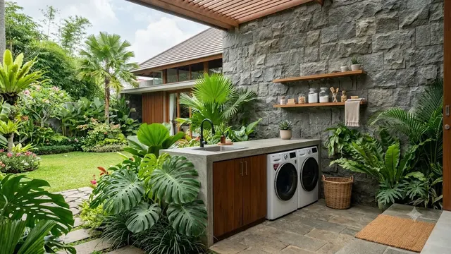 Tempat Cuci dengan Dinding Batu Alam
