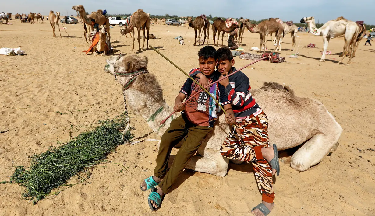 Dua joki cilik, Sayed Mohamed (11) dan Mahmoud Mahmed (13) menunggu pembukaan Festival Balapan Unta Internasional di gurun Sarabium, Ismailia, Mesir, 12 Maret 2019. Balap unta tersebut dilakukan oleh sejumlah anak-anak. (REUTERS/Amr Abdallah Dalsh)
