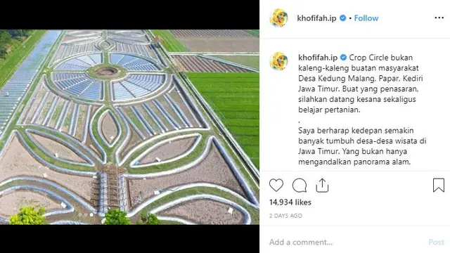 Crop Circle di Sawah Petani Kediri, Tempat Wisata Baru Rekomendasi Gubernur Khofifah