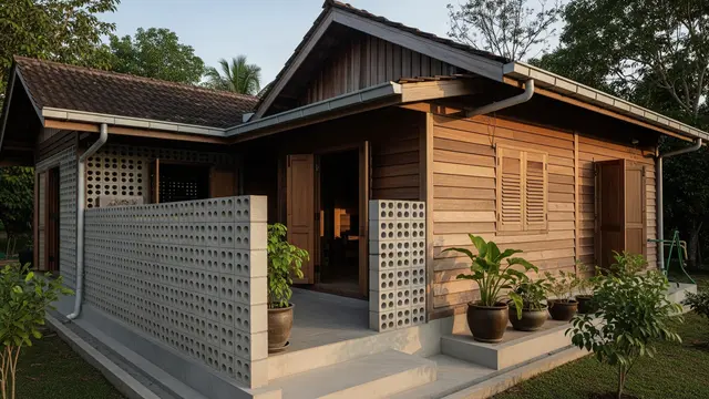 Rumah Kampung dengan Dinding Roster Kombinasi Kayu/Gemini AI