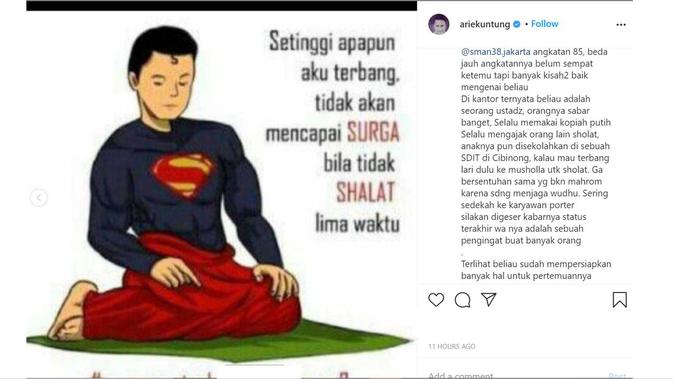 Artis Arie Untung ungkap unggahan terakhir WhatsApp Story kakak kelasnya yang merupakan Pilot Sriwijaya Air SJ 182. (Instagram @arieuntung)