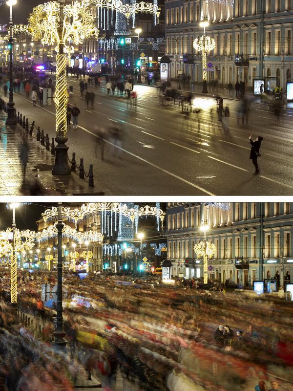 Kombinasi gambar ini menunjukkan di atas, orang-orang berjalan di sepanjang prospek Nevsky, selama perayaan Tahun Baru di St.Petersburg, Rusia 1 Januari 2021, dan di bawahnya, file foto dari lokasi yang sama dikemas dengan orang-orang pada hari Rabu, 1 Januari 2020. (AP Photo/Dmitri Lovetsky)