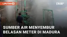 Warga Desa Pandan, Kecamatan Omben, Sampang, Madura, geger. Warga digegerkan oleh semburan air setinggi belasan meter, Jumat (2/8/2024)