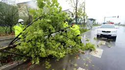 Polisi lalu lintas memindahkan pohon yang tumbang di sebuah jalan di Kota Taizhou, Provinsi Zhejiang, China timur (4/8/2020). Topan itu mendarat di wilayah pesisir Kota Yueqing, sebuah kota setingkat county di bawah pemerintahan Kota Wenzhou, sekitar pukul 03.30 waktu setempat.  (Xinhua/Jiang Youqin