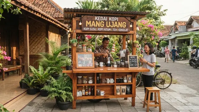 Desain gerobak kayu sederhana tapi bisa narik pelanggan model kedai kopi