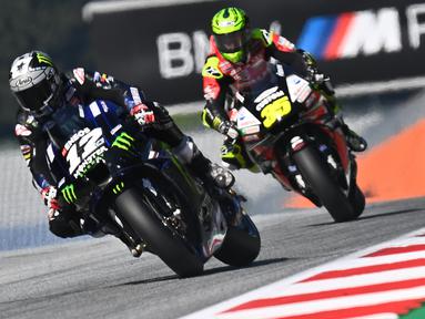 Pembalap Monster Energy Yamaha, Maverick Vinales, saat mengikuti latihan bebas (FP3) MotoGP Styria di Sirkuit Red Bull Ring, Austria, Sabtu (22/8/2020). Joan Mir finis pertama pada FP3 MotoGP Styria dengan catatan waktu 1 menit 23,456 detik. (AFP/Joe Klamar)