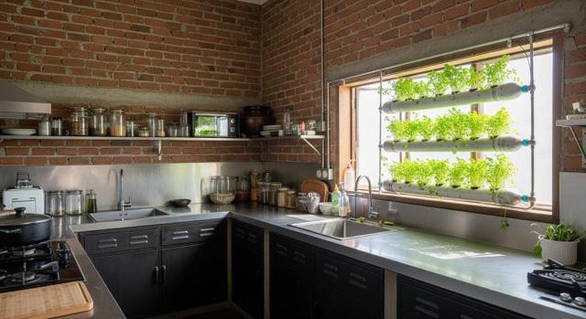8 Model Dapur Minimalis Bentuk L dengan Tanaman Sayur di Botol, Estetik dan Fungsional