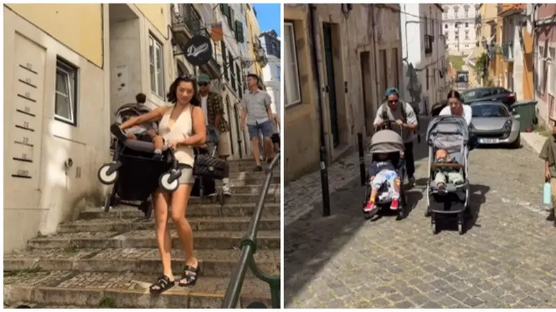8 Momen Jennifer Bachdim Angkat Stroller Anak saat Liburan di Portugal, Curi Perhatian