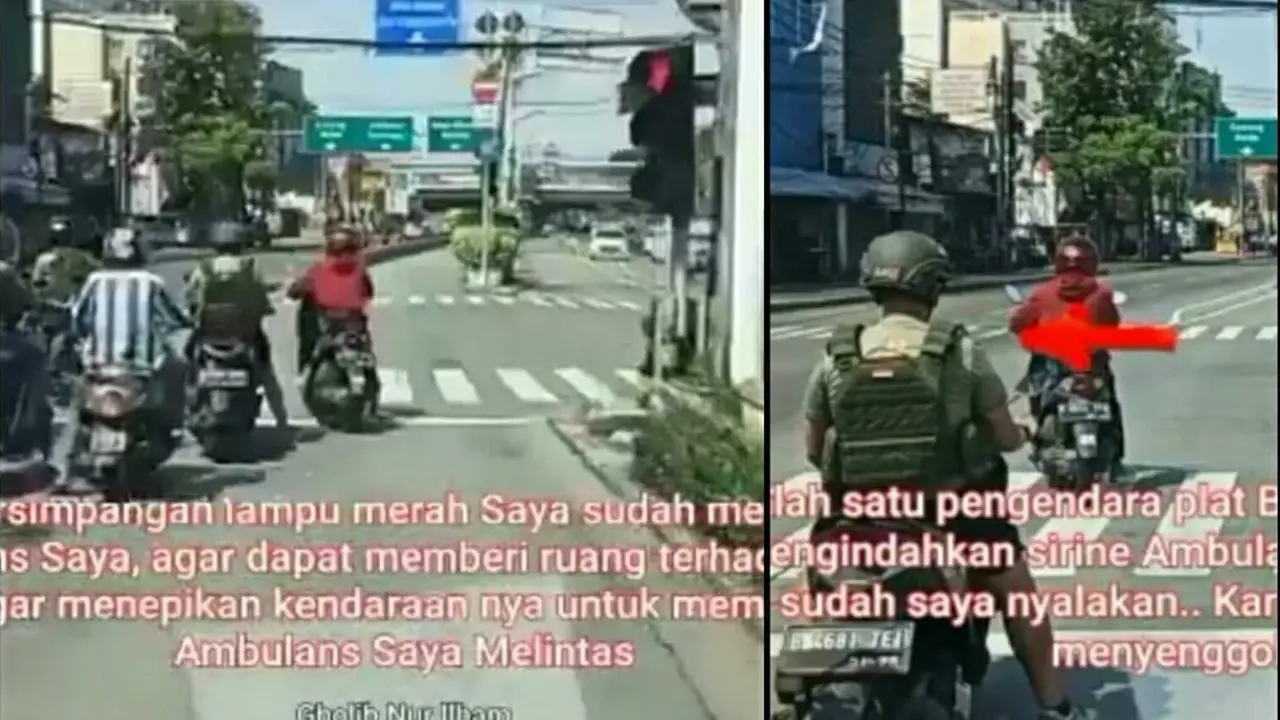 Tangkapan layar aksi oknum anggota TNI AD diduga menghalangi laju mobil ambulans di Jakarta Timur