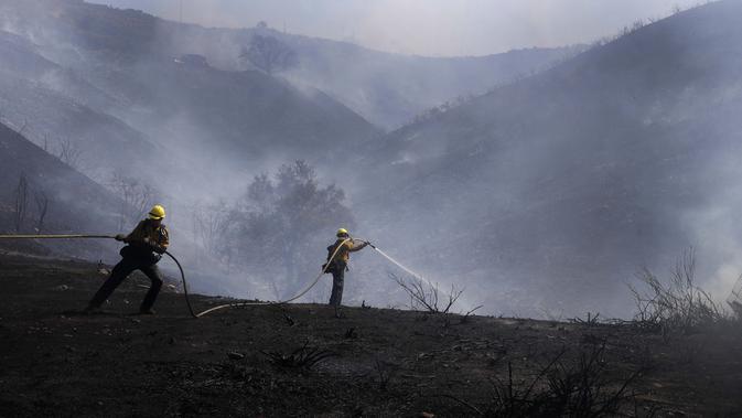 Petugas pemadam kebakaran memadamkan titik api dari api Elsmere, yang dipicu oleh suhu panas dan kering di Santa Clarita, California (3/8/2020). (AP Photo / Marcio Jose Sanchez)