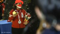 Peraih dua medali emas dan satu perak Paralimpiade Tokyo 2020, Leani Ratri Oktila, saat tiba di Indonesia, Selasa (7/9/2021) pagi WIB. (Dok. NPC Indonesia)