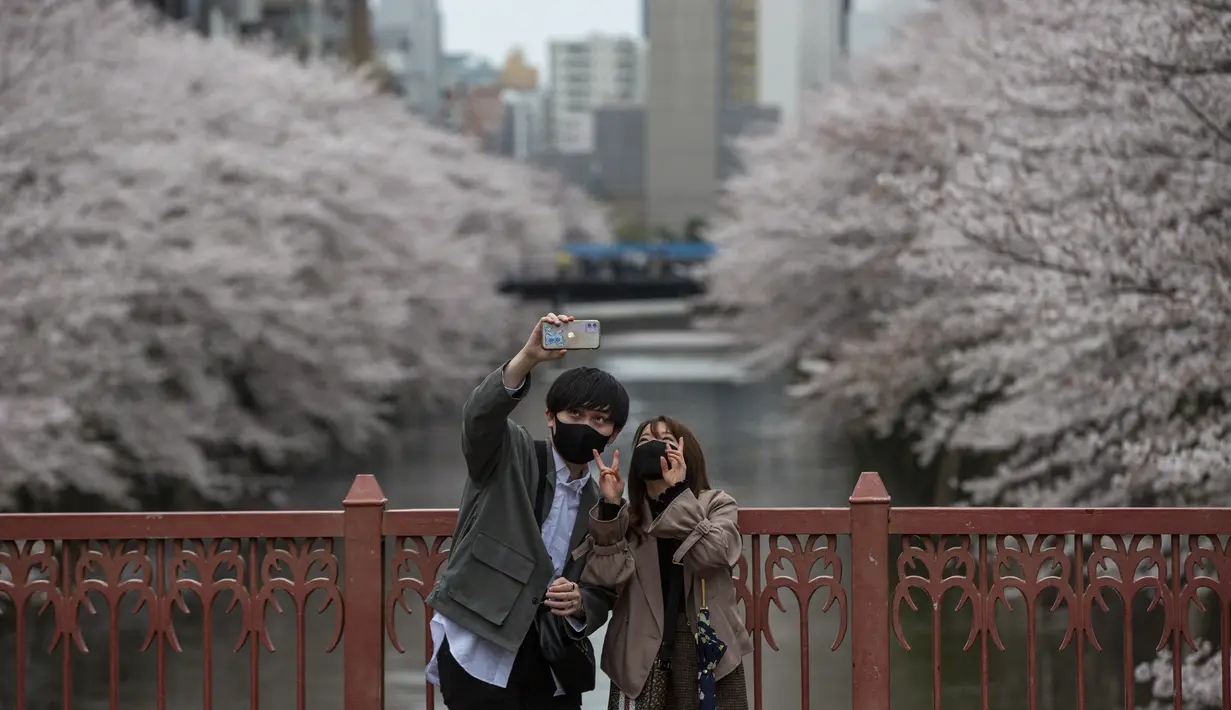 Pasangan yang mengenakan masker pelindung untuk membantu mengekang penyebaran virus corona mengambil foto selfie di jembatan saat bunga sakura mekar di atas Sungai Meguro di Tokyo, Minggu (28/3/2021). (AP Photo/Kiichiro Sato)