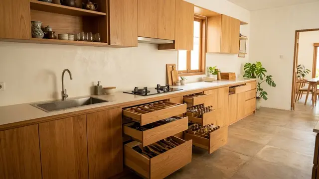 Dapur Sederhana Nuansa Kayu dengan Laci Tersembunyi