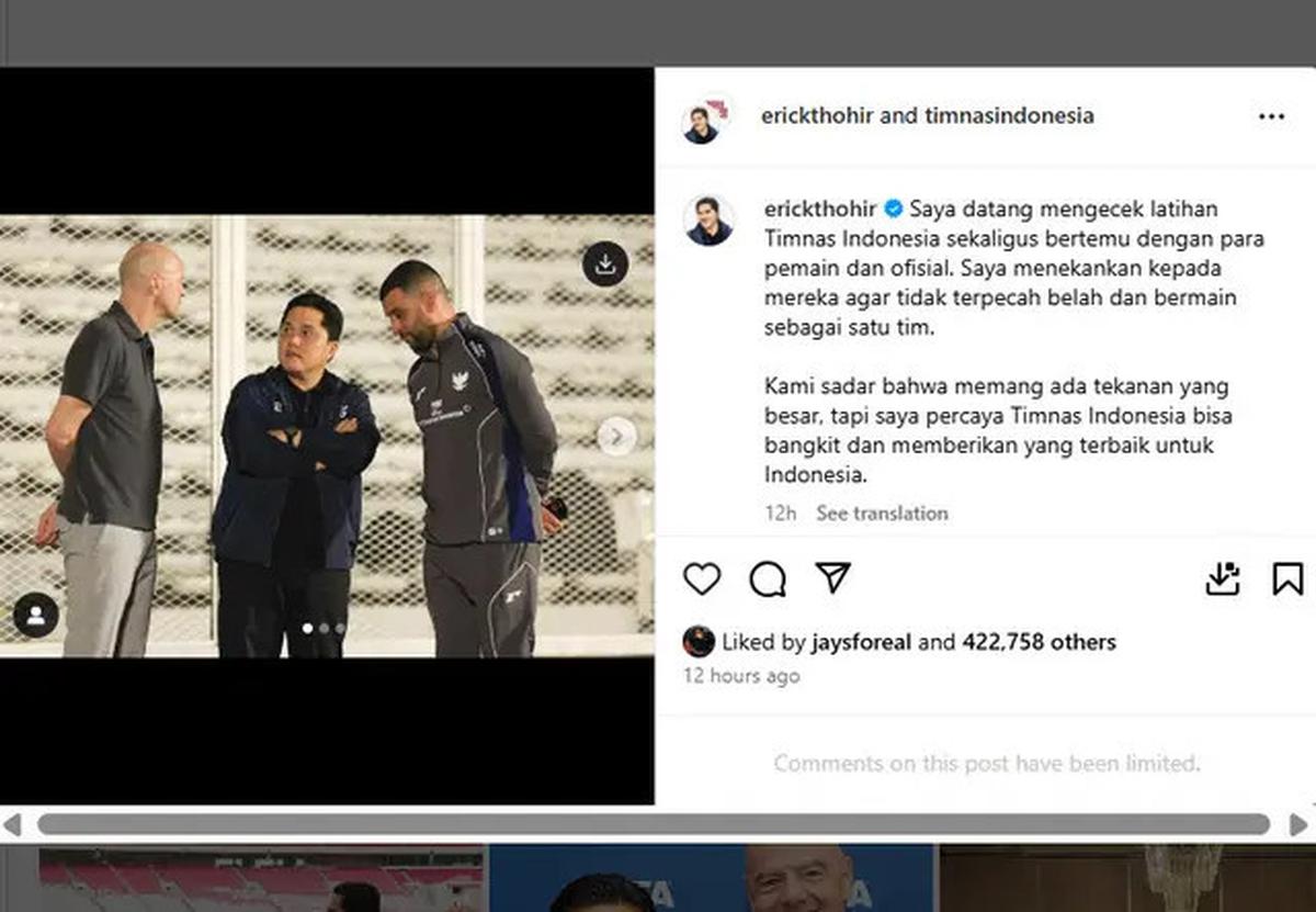 Pesan Erick Thohir untuk Timnas Indonesia Jelang Lawan Bahrain: Saya Percaya Bisa Bangkit