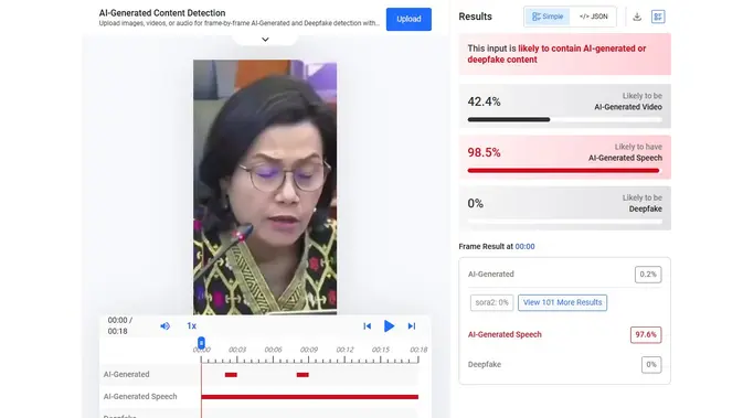 Video klaim Sri Mulyani mengumumkan berbagi dana bantuan Rp 60 juta menunjukkan hasil AI. (Foto: tangkapan layar Hive Moderation)
