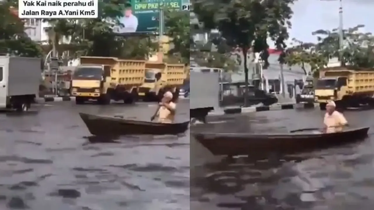 Viral Video Aksi Pria Naik Perahu di Jalan Raya saat Banjir, Jadi Sorotan Publik
