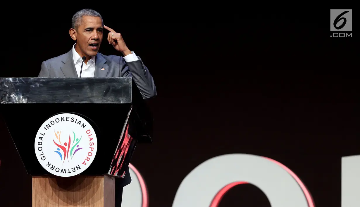 Presiden AS ke-44, Barack Obama saat berpidato dalam acara 4th Congress of Indonesian Diaspora di Kota Kasablanka, Jakarta, Sabtu (1/7). Kongres Diaspora Indonesia dihadiri 9.000 orang dari 55 negara seluruh dunia. (Liputan6.com/Johan Tallo)