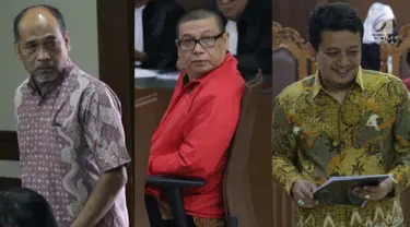 Foto kolase Deputi IV Kemenpora, Mulyana, PPK Kemenpora Adhi Purnomo dan staf Kemenpora Eko Triyanta (kiri ke kanan) saat sidang pledoi di Pengadilan Tipikor, Jakarta, Kamis (29/8/2019). Sebelumnya, JPU KPK menuntut mereka hukuman antara 5 sampai 7 tahun penjara. (Liputan6.com/Helmi Fithriansyah)