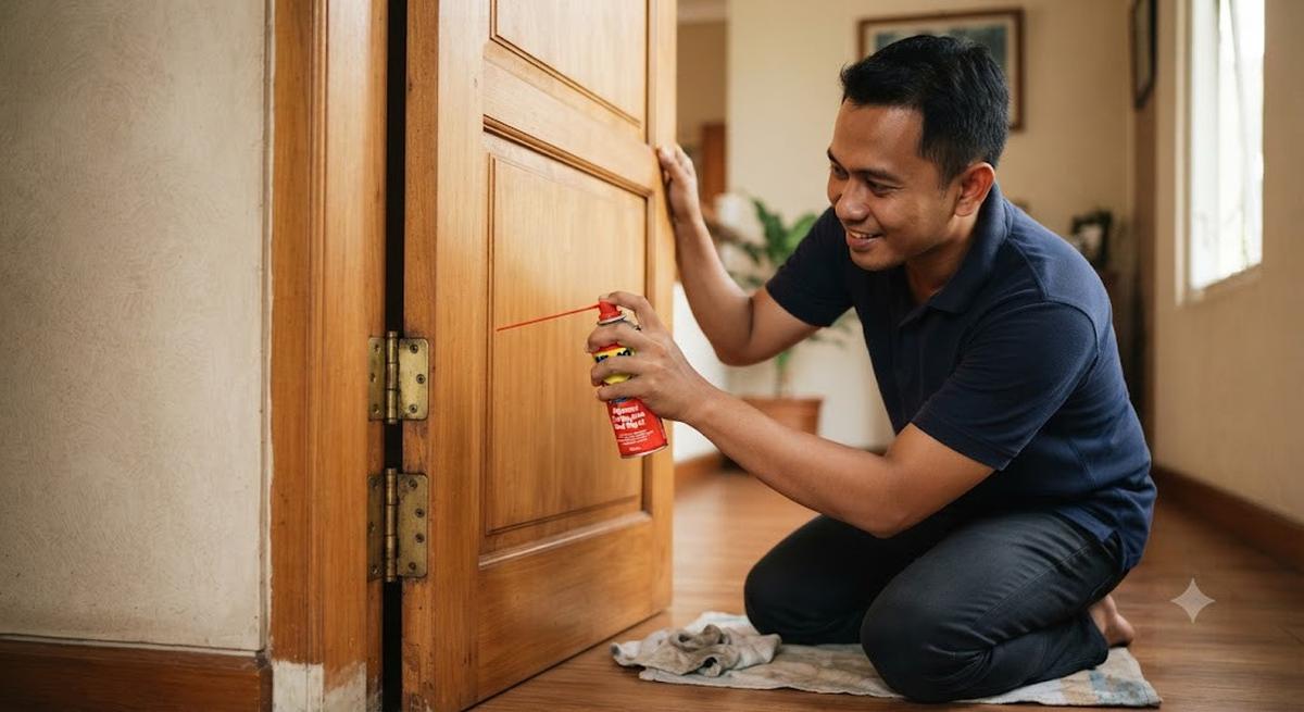 Cara Mengatasi Pintu Kayu yang Sulit Ditutup dengan Cara Memberi Pelumas pada Engsel
