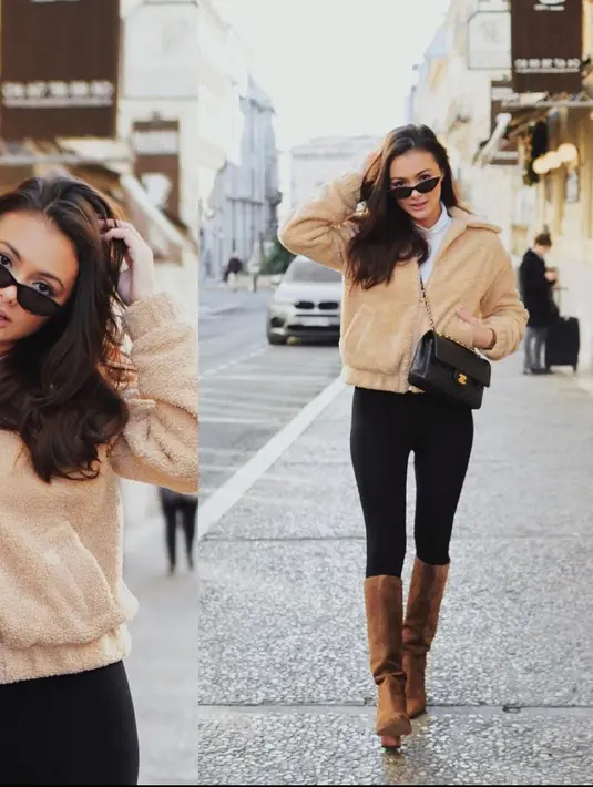 Kamu juga dapat menggunakan jaket bulu (fur jacket) berwarna nude yang dipadu padankan dengan sepatu boots berwana lebih tua saat sedang berkeliling di Paris. (instagram/amandarawles)