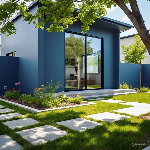 Rumah Minimalis dengan Halaman dan Cat Tembok Warna Biru