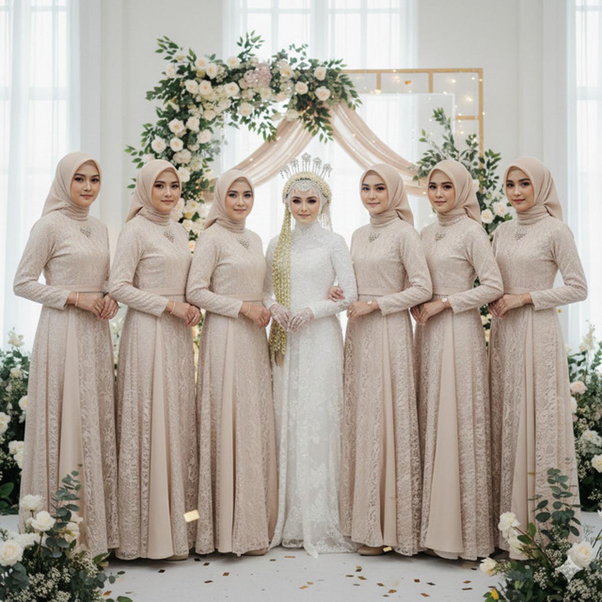 7 Model Gamis Brokat Soft Color Tapi Tetap Tampil Stand Out untuk Bridesmaid Berhijab 2025
