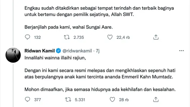 Cuitan Ridwan Kamil soal Eril. (Foto: Dok. Twitter @ridwankamil)