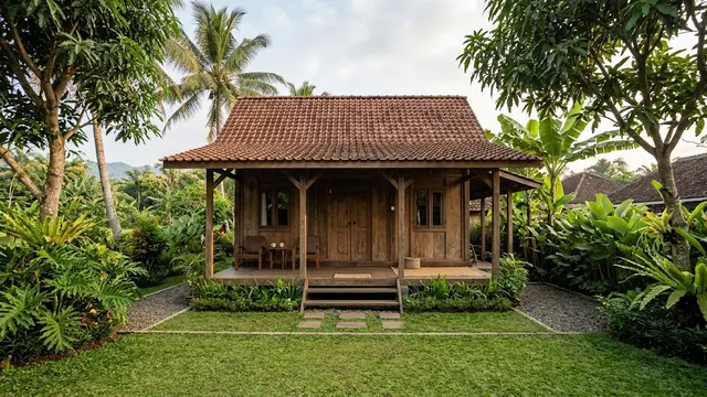 Rumah Kampung Kayu dengan Halaman Rumput Luas