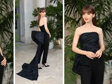 Foto kolase Lily Collins saat menghadiri Ralph Lauren SS23 Runway Show di The Huntington Library, Art Collections, and Botanical Gardens di San Marino, California pada 13 Oktober 2022. (Amy Sussman/Getty Images/AFP)