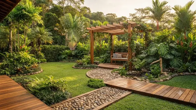 Inspirasi Taman dengan Unsur Kayu dan Batu Kali
