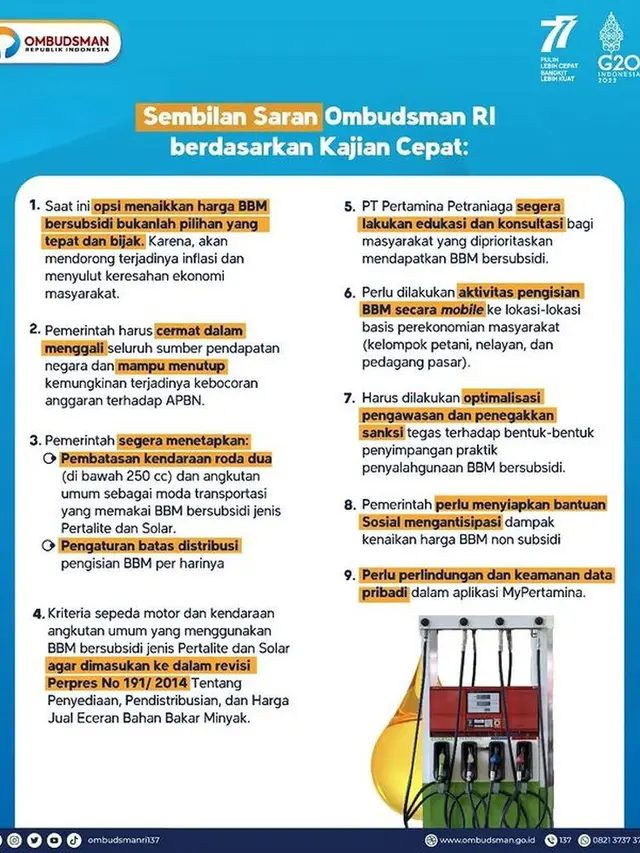 Ombudsman RI telah mengelesaikan Kajian Cepat terkait Pembatasan BBM Bersubsidi Melalui Aplikasi MyPertamina. Dalam kajian ini menghasilkan 9 saran. Sumber: Instagram Ombudsman RI)