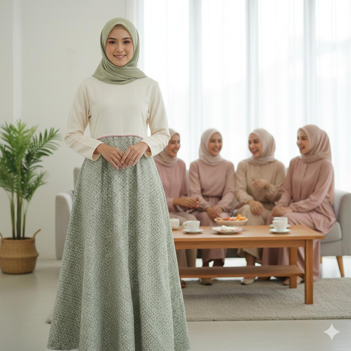 Gamis Batik Kombinasi Polos untuk Arisan Wanita