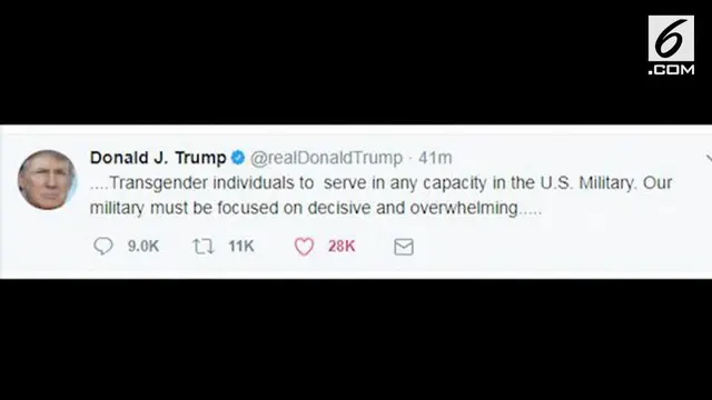 Donald Trump melalui kicauan di akun Twitter melarang transgender bergabung di kesatuan militer AS.