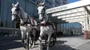 Pengemudi mengendarai kereta kuda di depan Hotel Intercontinental di distrik ke-3 di Wina, Austria pada 8 April 2020. Kereta yang disebut Fiaker yang biasanya mengangkut turis semenjak pandemi Corona beralih fungsi menjadi pengantar makanan untuk lanjut usia di daerah tersebut. (ALEX HALADA/AFP)