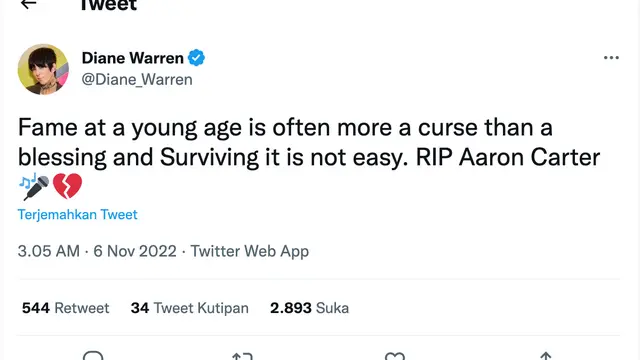 Cuitan Dianne Warren soal Aaron Carter meninggal dunia. (Foto: Dok. Twitter @Dianne_Warren)