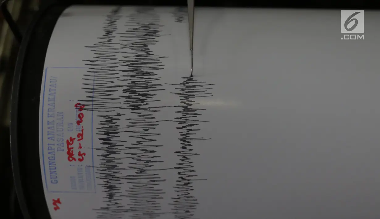Alat seismograf yang memantau aktivitas Gunung Anak Krakatau Pos Pengamatan di Cinangka, Banten, Selasa (25/12). Dari pantauan tersebut anak krakatau berstatus siaga dihimbau masyarakat untuk tetap berhati-hati. (Liputan6.com/Angga Yuniar)