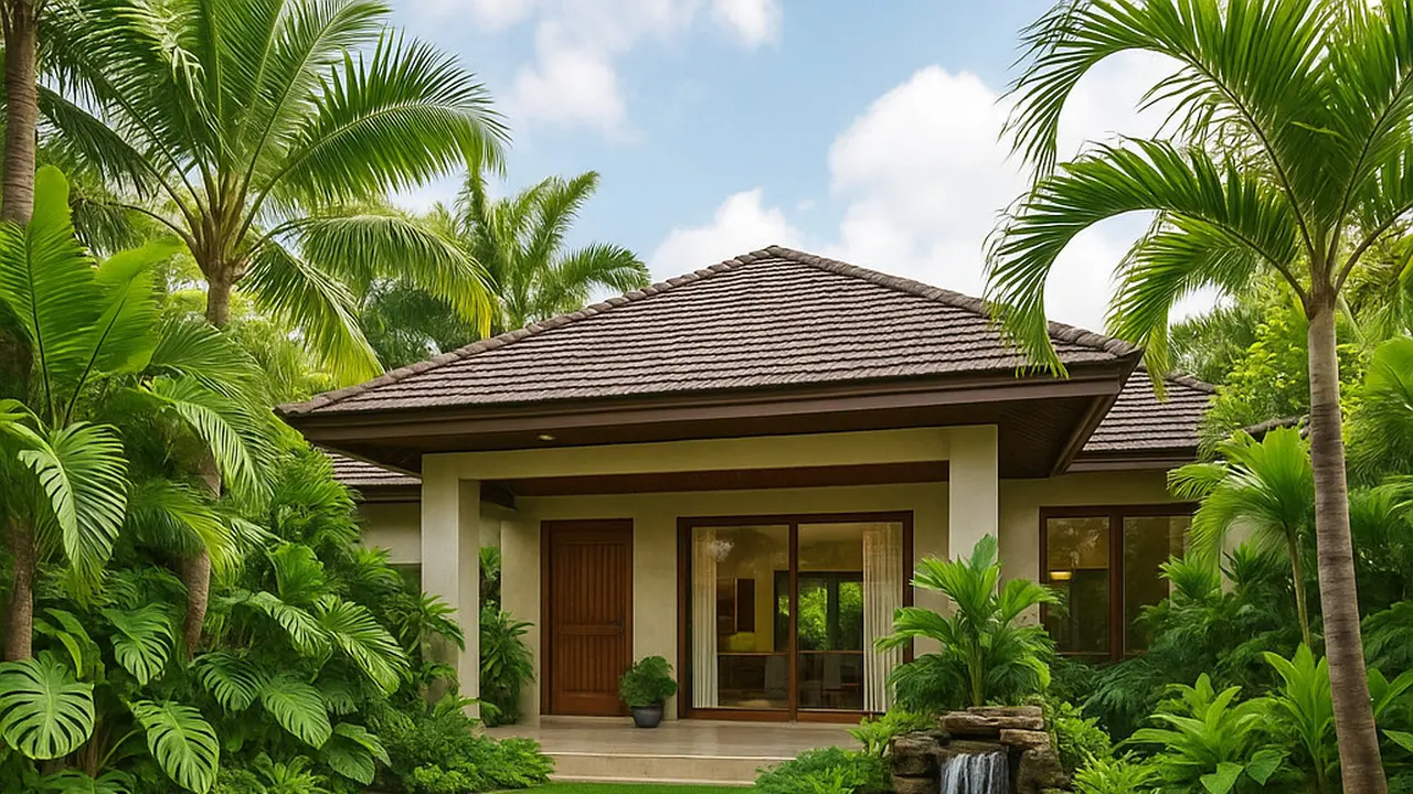 Ide Model Rumah yang Trending 2025 dengan Banyak Tumbuhan dan Kolam Ikan (Image by ChatGPT)