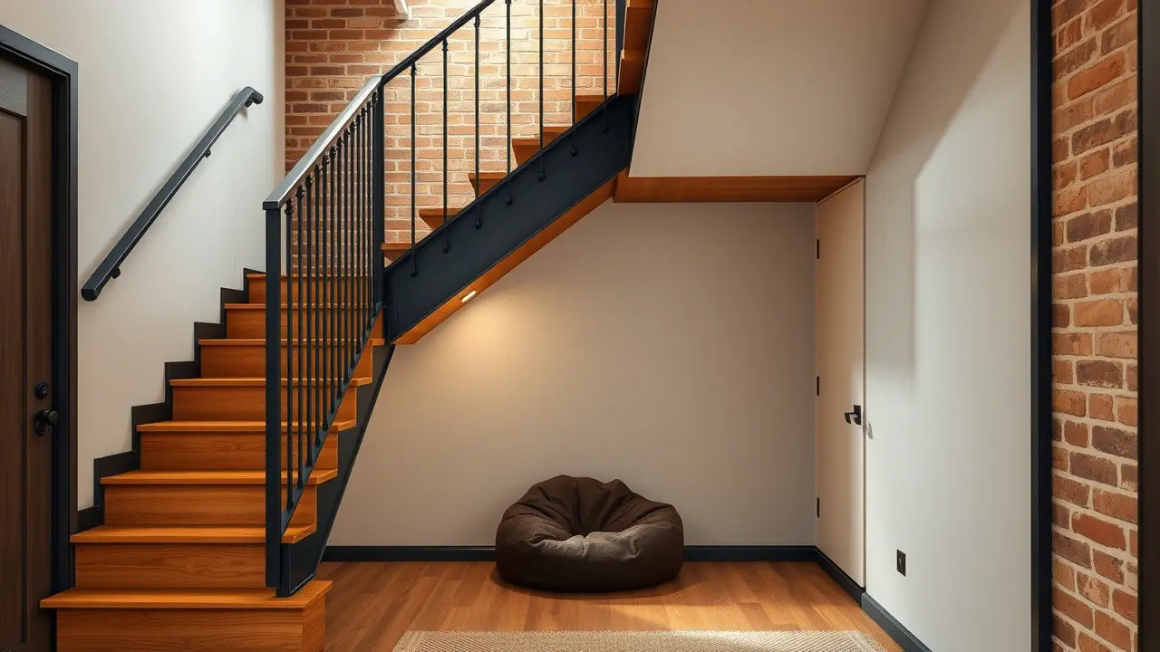 Tangga L Kayu dengan Railing Besi Gaya Industrial
