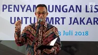 Gubernur DKI Jakarta, Anies Baswedan memberikan sambutan pada peresmian Gardu Distribusi Listrik (Receiving Substation/RSS) bawah tanah MRT Jakarta di Taman Sambas, Jakarta, Jumat (13/7). (Liputan6.com/Johan Tallo)