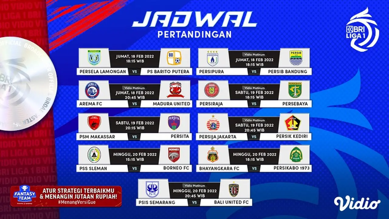 Jadwal dan Link Streaming BRI Liga 1 Pekan Ini, 18-20 Februari 2022 di Vidio