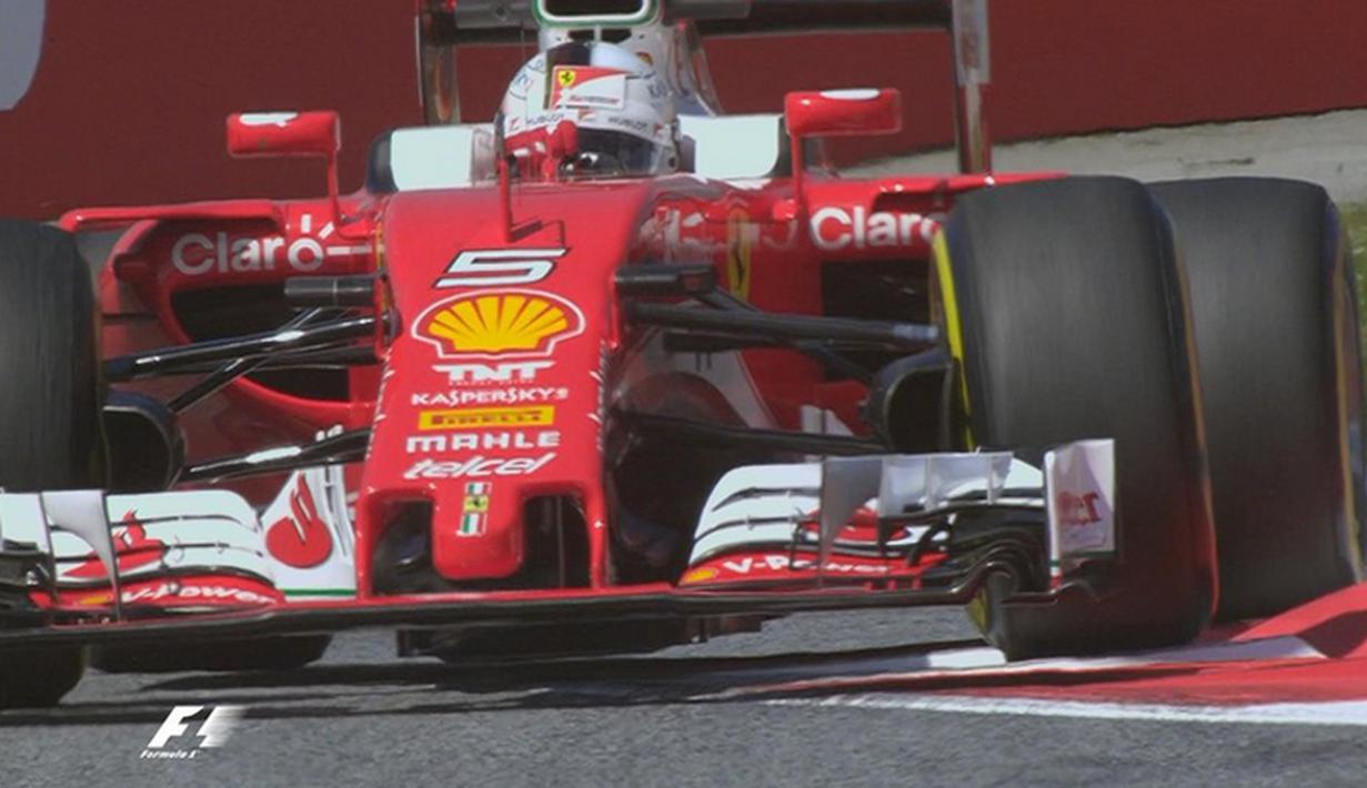 Pebalap Ferrari, Sebastian Vettel, menjadi yang tercepat dalam latihan bebas pertama F1 GP Spanyol di Sirkuit Catalunya, Spanyol, Jumat (13/5/2016). (Bola.com/Twitter/F1)