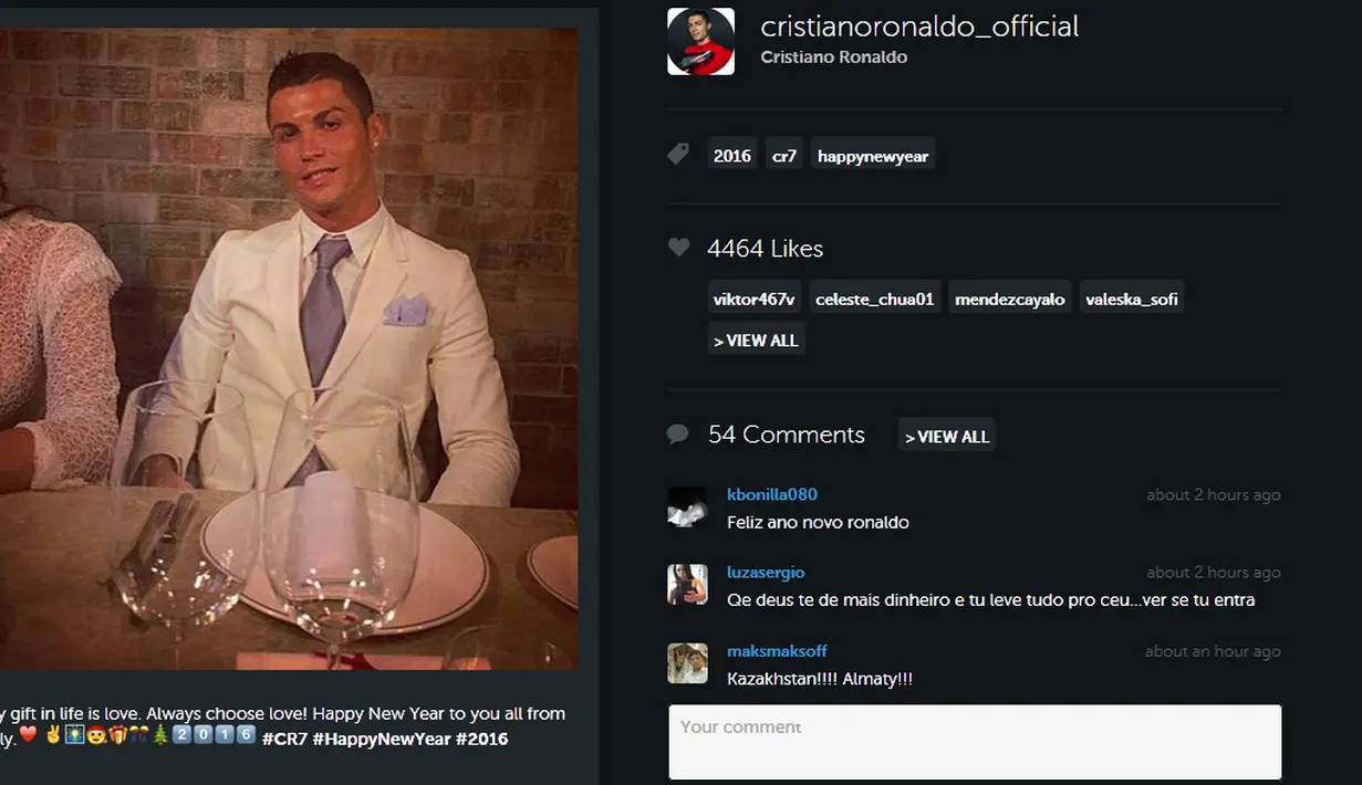 Gaya Cristiano Ronaldo saat menyambut malam tahun baru 2016 bersama teman-temannya. (Instagram/CristianoRonaldo)