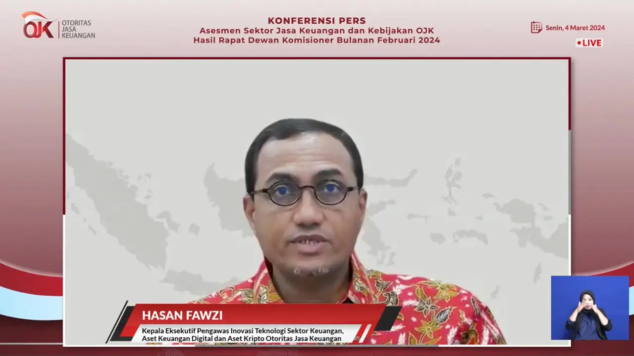 Kepala Eksekutif Pengawas Inovasi Teknologi Sektor Keuangan, Aset Keuangan Digital, dan Aset Kripto OJK Hasan Fawzi dalam Konferensi Pers RDK Bulanan Februari 2024, dikutip Selasa (5/3/2024). (Tira/Liputan6.com)