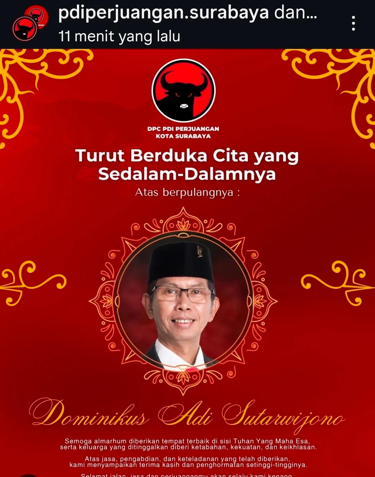Kabar Duka, Ketua DPRD Surabaya Dominikus Adi Sutarwijono Tutup Usia