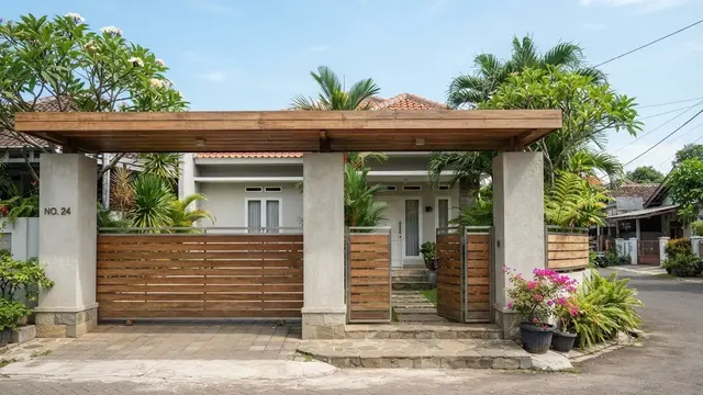 Model gapura rumah sederhana dengan sentuhan kayu yang elegan sehingga bikin hunian biasa jadi megah dengan desain atap kayu datar