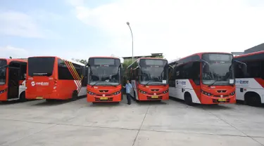 Deretan armada bus Minitrans yang terparkir di kantor TransJakarta, Cawang, Jakarta, Selasa (17/10). PT TransJakarta menghadirkan dua bus angkutan umum yakni Minitrans dan Metrotrans. (Liputan6.com/Immanuel Antonius)