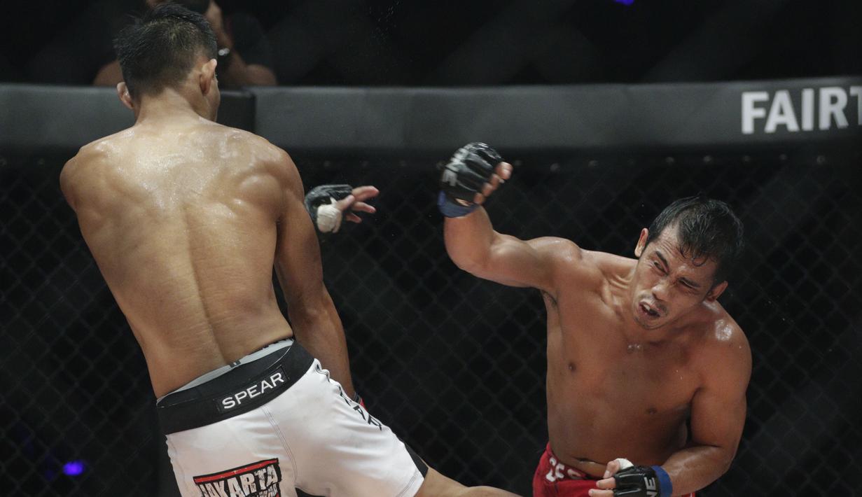 Petarung Filipina, Robin Catalan, berusaha memukul petarung Indonesia, Stefer Rahardian, saat bertarung pada laga ONE Championship di Istora Senayan, Jakarta, Sabtu (19/1). Stefer Rahardian kalah dari Robin Catalan. (Bola.com/M. Iqbal Ichsan)