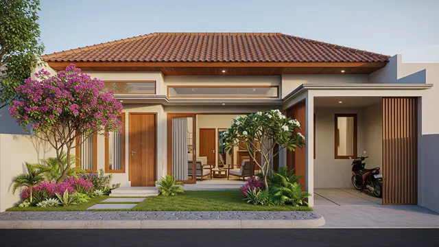 Contoh Desain Rumah 6x9 dengan Garasi Motor dan Taman Depan