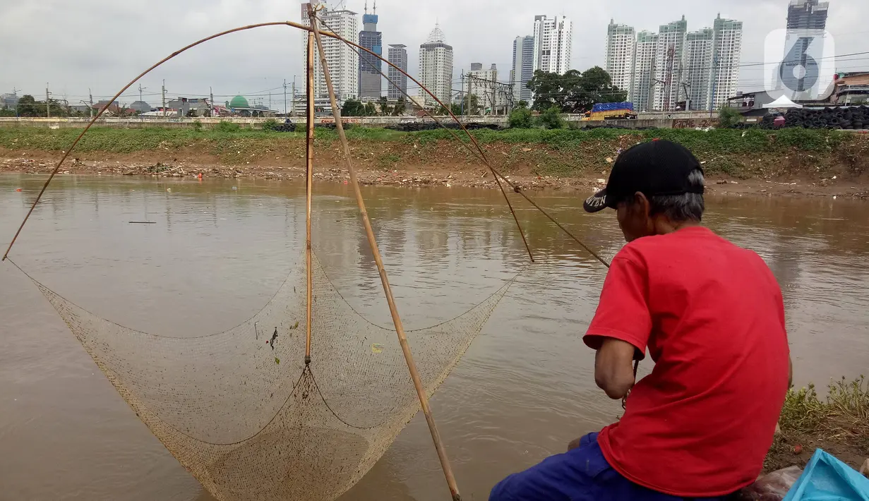 Warga mencari ikan dengan menggunakan jala di Banjir Kanal Barat, Tanah abang, Jakarta, Sabtu (4/1/2020). Debit air yang mulai surut di aliran tersebut dimanfaatkan warga untuk mencari ikan. (Liputan6.com/Angga Yuniar)