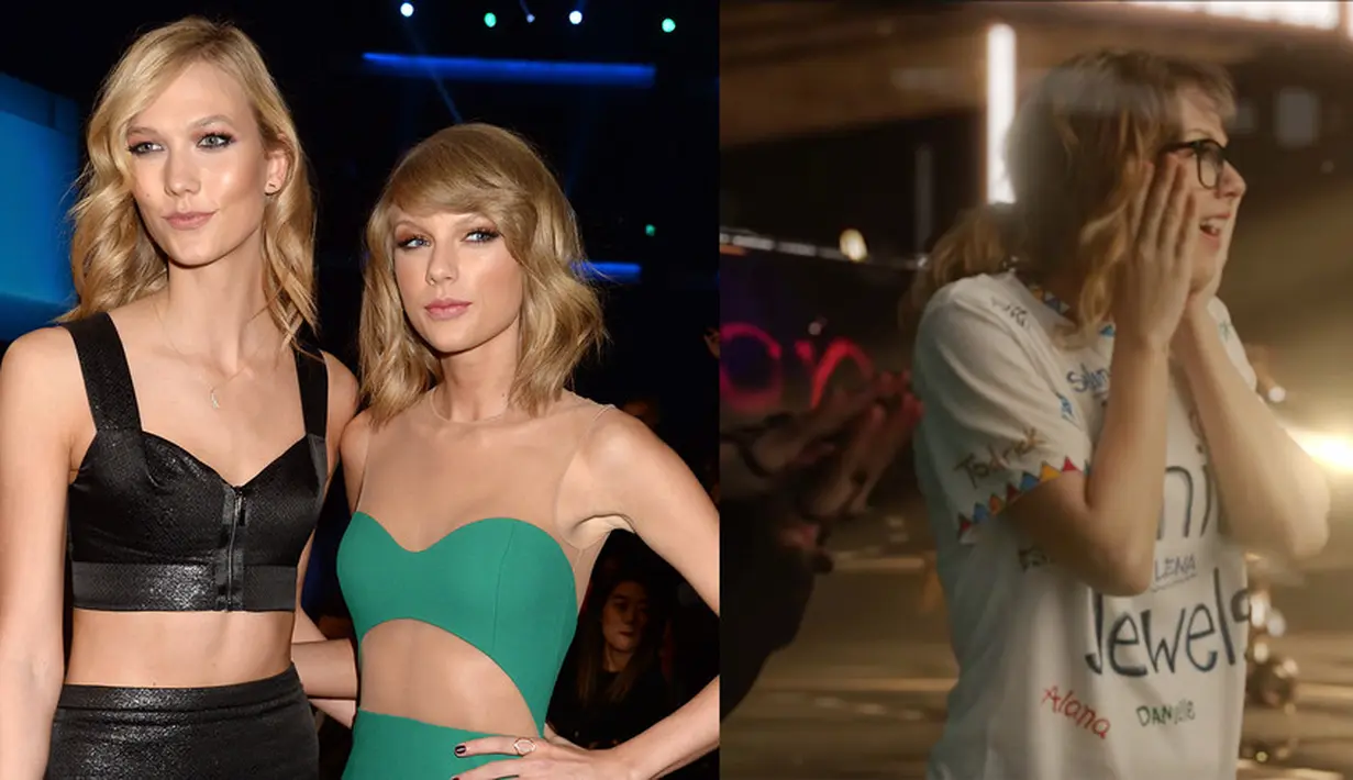 Meski Karlie Kloss mengatakan masih berteman dengan Taylor Swift, namun TayTay tak memasukan namanya di baju yang di video klip "LWYMMD". (Getty/BigMachine/Cosmopolutan)